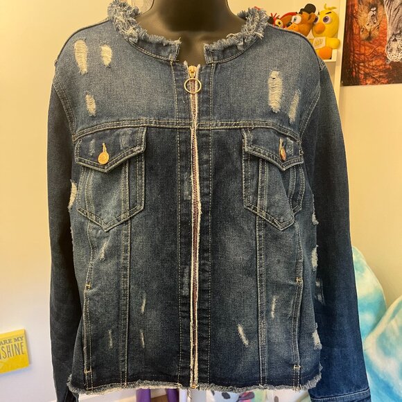 Forever 21 Plus One5One Distressed Denim Zip Jacket Blue Size 2X NWT - Picture 1 of 5
